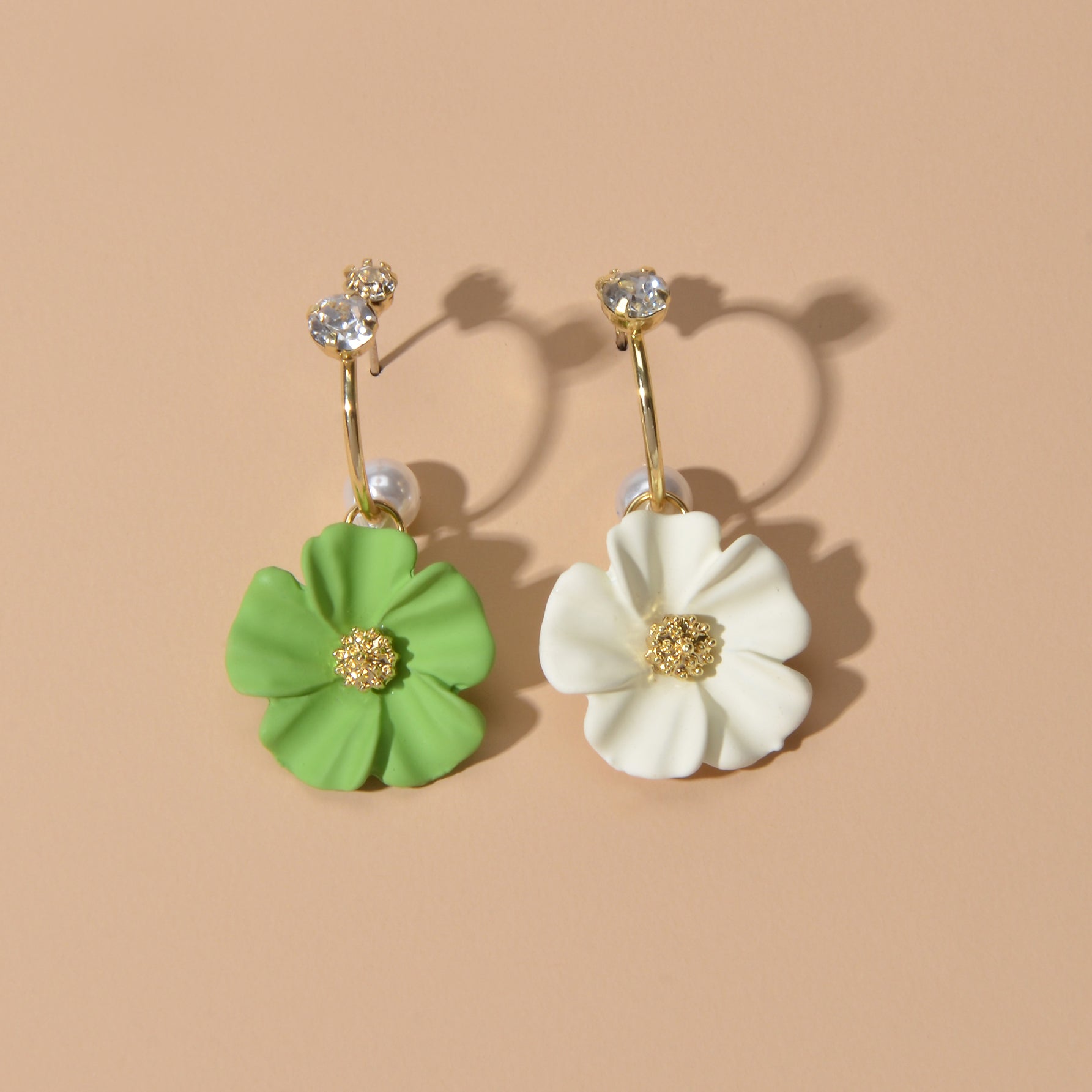 Ladies Jewellery Rhinestone Pearl Yellow Green Flower Asymmetric Dangle Earrings