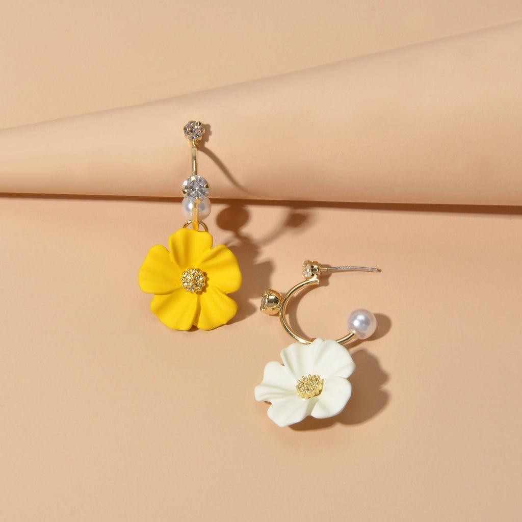 Ladies Jewellery Rhinestone Pearl Yellow Green Flower Asymmetric Dangle Earrings