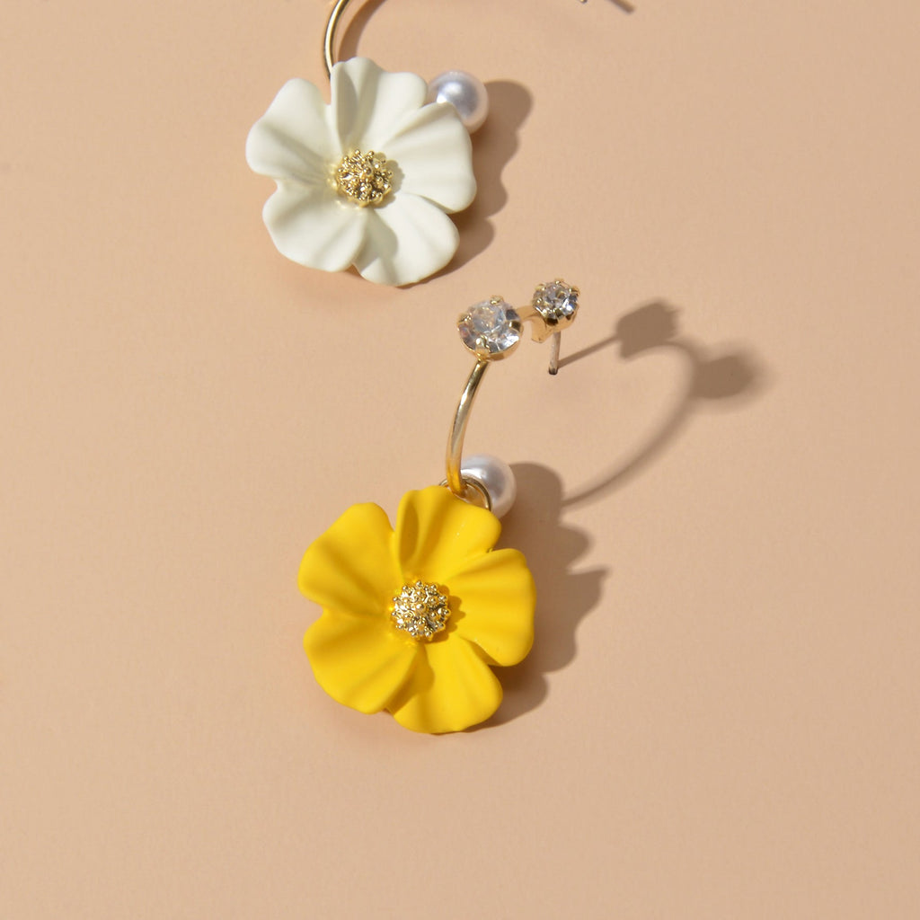 Ladies Jewellery Rhinestone Pearl Yellow Green Flower Asymmetric Dangle Earrings