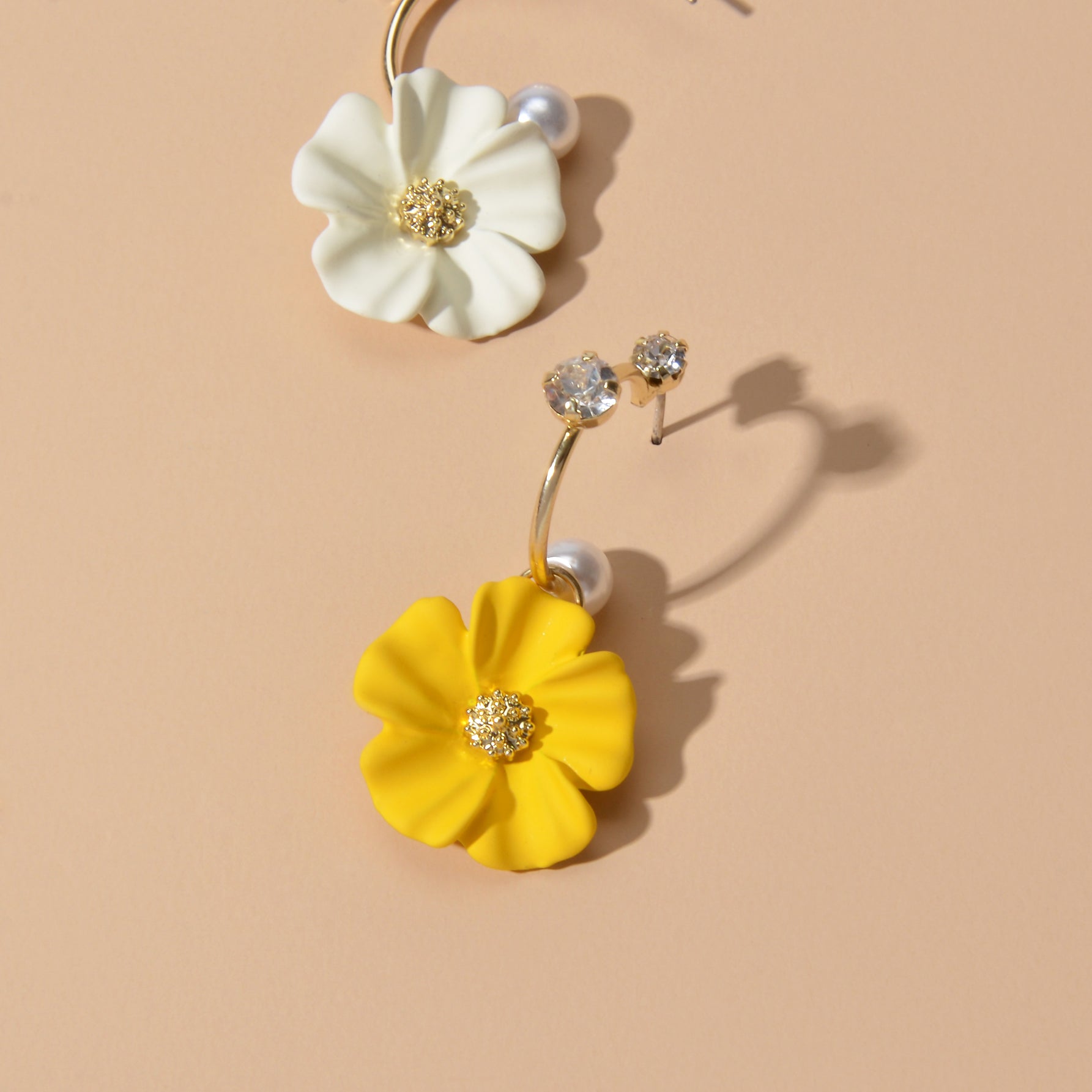 Ladies Jewellery Rhinestone Pearl Yellow Green Flower Asymmetric Dangle Earrings