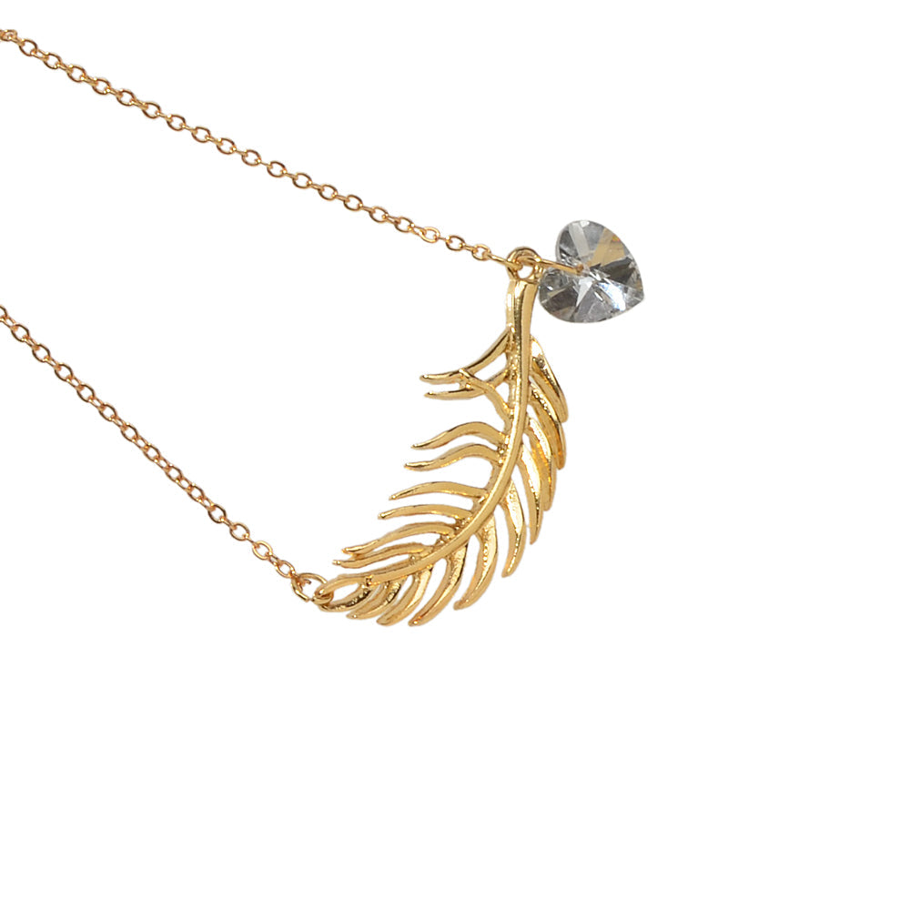 Designer Jewellery Gold Chain Heart Simulated Cubic Zirconia Feather Necklace