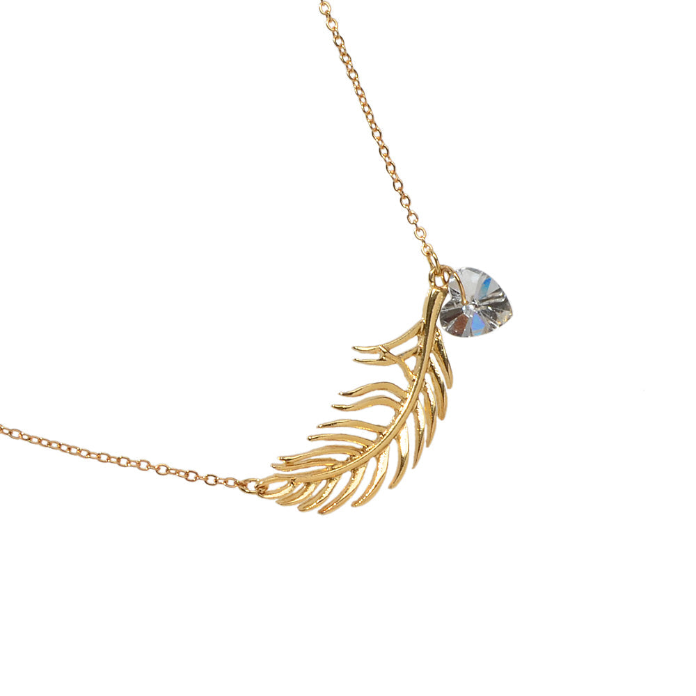 Designer Jewellery Gold Chain Heart Simulated Cubic Zirconia Feather Necklace