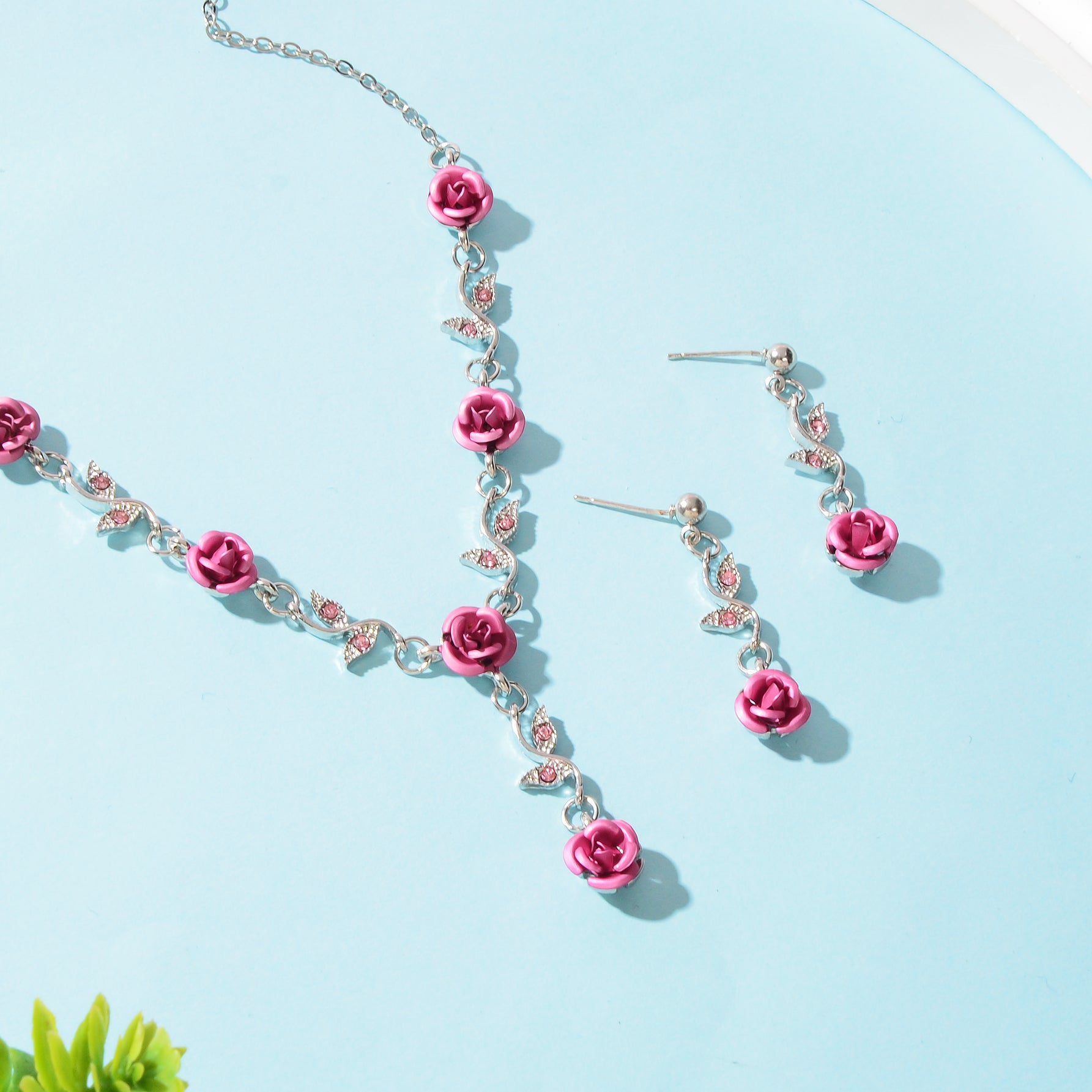 Jewellery set Silvery Chain Pink Flower Pendant Necklace Dangle Earrings