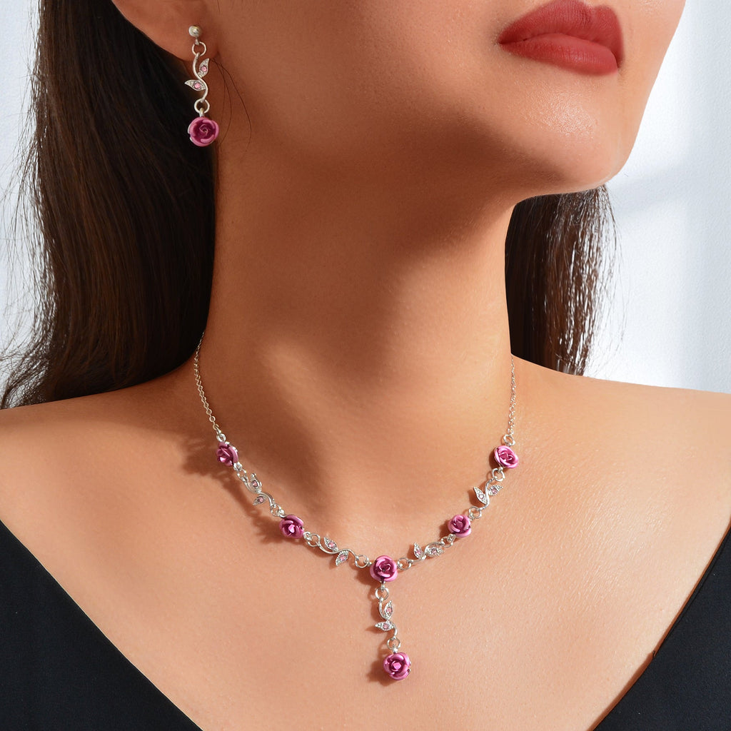 Jewellery set Silvery Chain Pink Flower Pendant Necklace Dangle Earrings