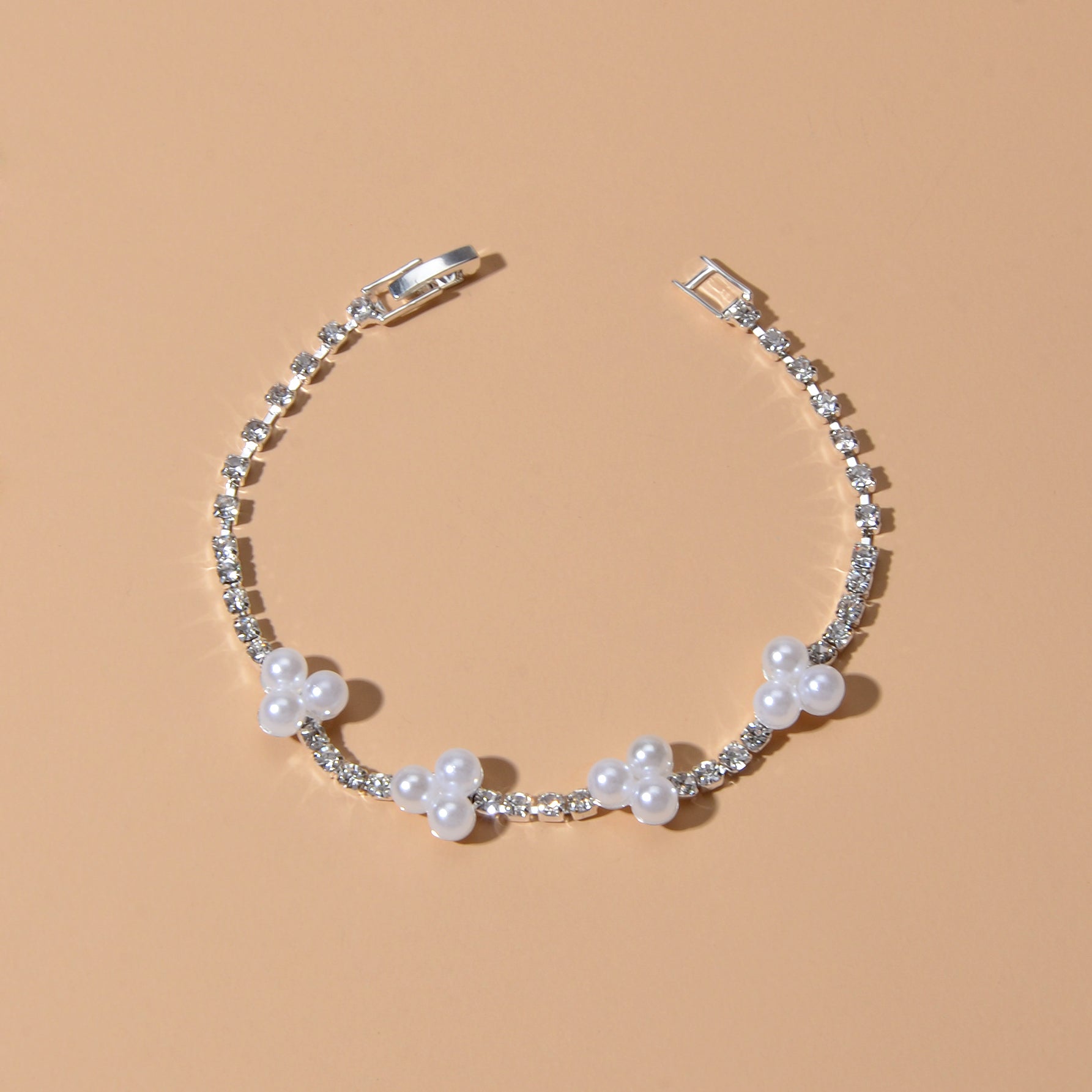 Luxurious Anniversary Wedding Jewellery Rhinestone Pearl Silver Chain Bracelets