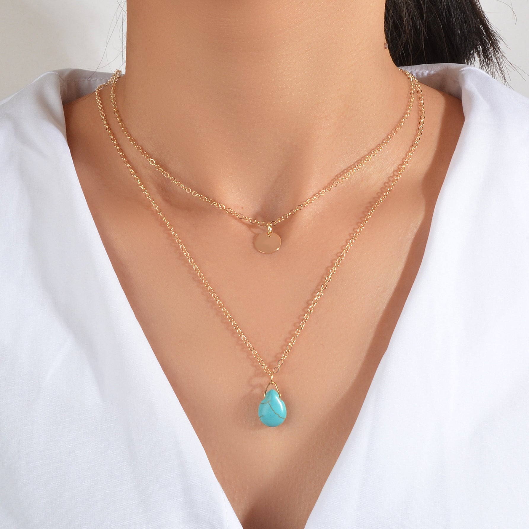 Traditional Ethnic Jewellery Double layer Chain Disc Turquoise Charm Necklace