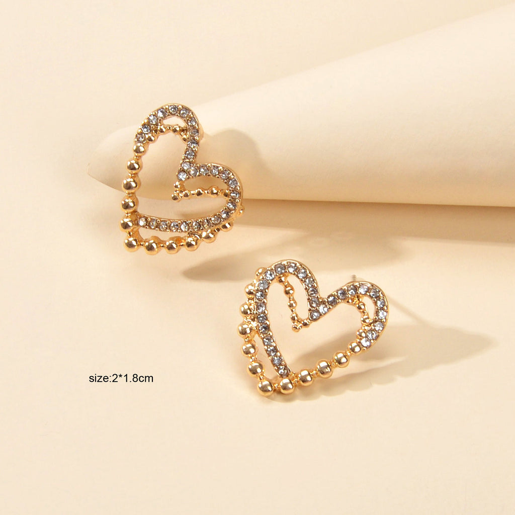 Cute Hollow Heart Stud Rhinestone Earrings Hypoallergenic Pierced Ear Jewellery