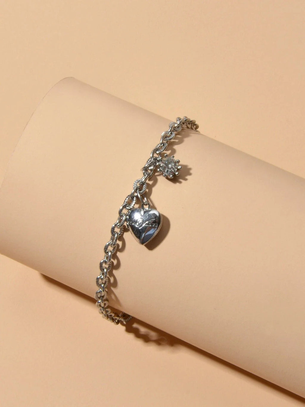 Anniversary Wedding Jewellery Silver Chain Rhinestone Decor Heart Charm Bracelet