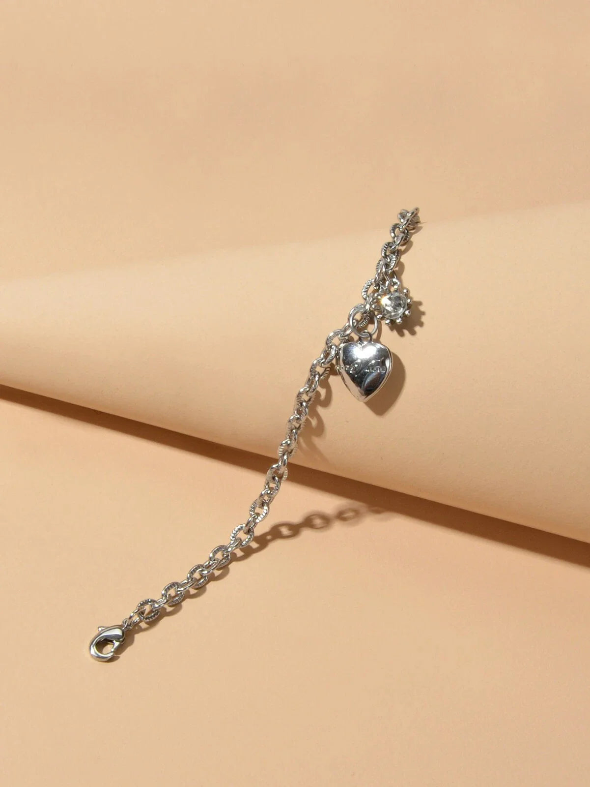 Anniversary Wedding Jewellery Silver Chain Rhinestone Decor Heart Charm Bracelet